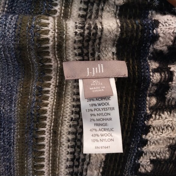 J Jill Open Sweater Cardigan XL Green Blue Southwest Aztec Fringe Wool Blend - Picture 7 of 12